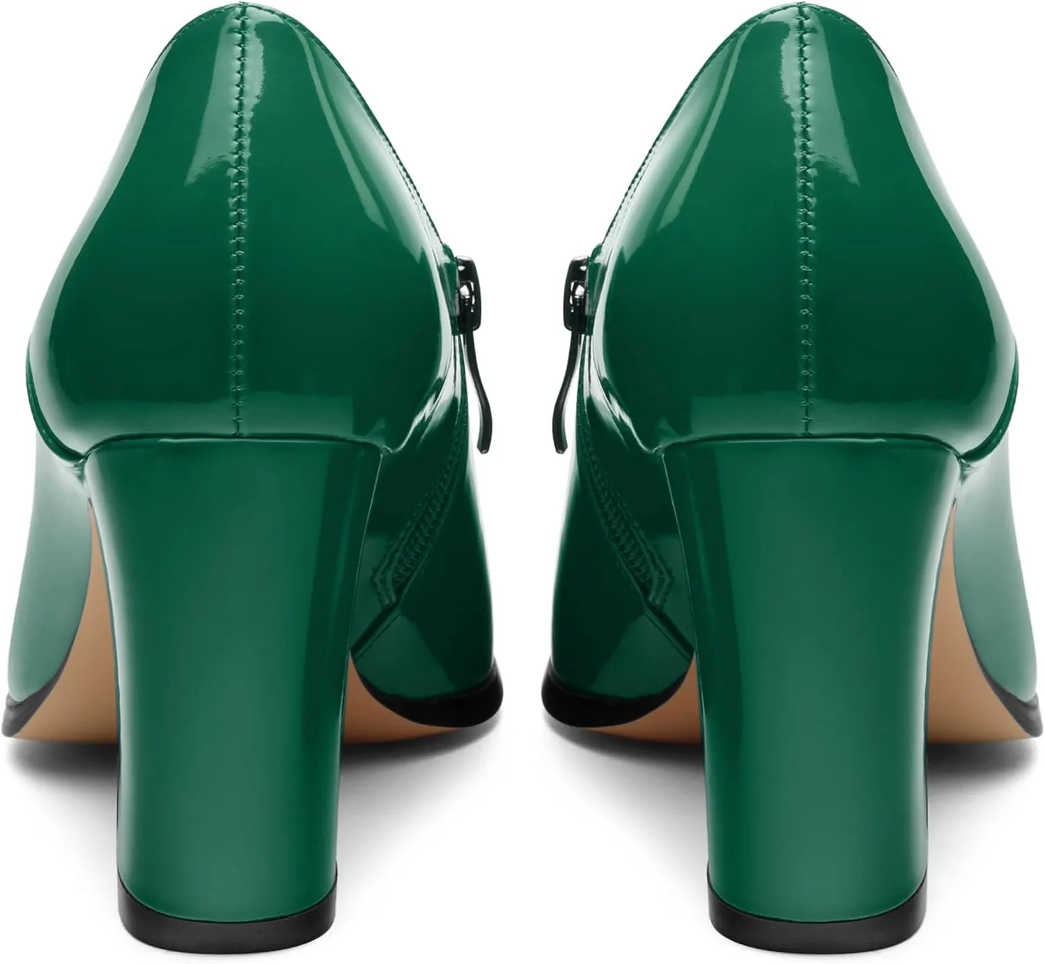 Women's Pumps, Patent Leather Square Toe Side Zipper Chunky Block High Heels Shoes, Elegant Comfort Casual Slip On Wedding Dress Shoes 3.35 Inch
