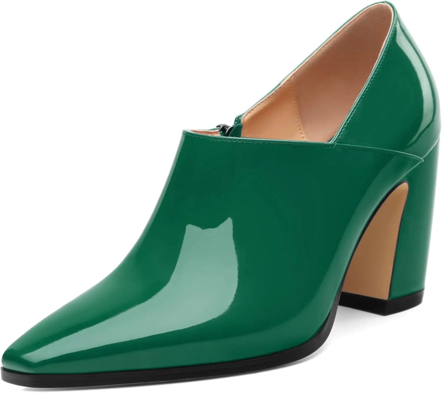 Women's Pumps, Patent Leather Square Toe Side Zipper Chunky Block High Heels Shoes, Elegant Comfort Casual Slip On Wedding Dress Shoes 3.35 Inch