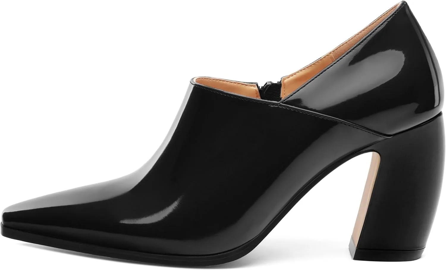 Women's Pumps, Patent Leather Square Toe Side Zipper Chunky Block High Heels Shoes, Elegant Comfort Casual Slip On Wedding Dress Shoes 3.35 Inch