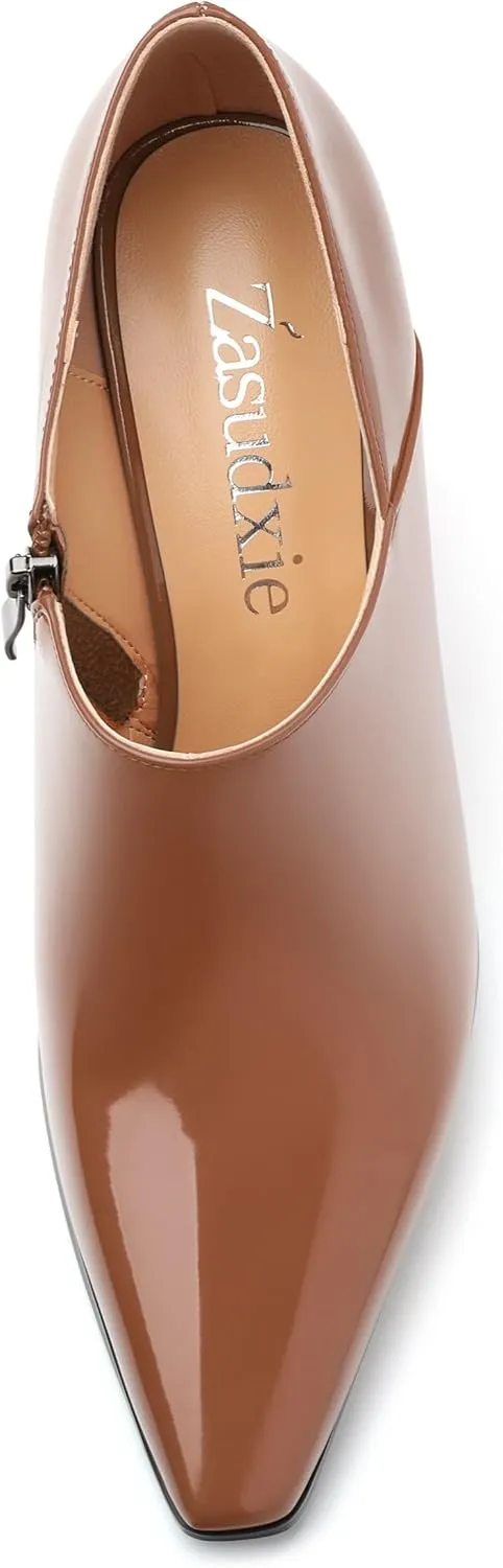 Women's Pumps, Patent Leather Square Toe Side Zipper Chunky Block High Heels Shoes, Elegant Comfort Casual Slip On Wedding Dress Shoes 3.35 Inch