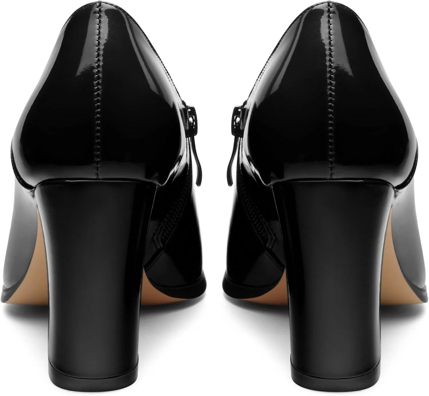 Women's Pumps, Patent Leather Square Toe Side Zipper Chunky Block High Heels Shoes, Elegant Comfort Casual Slip On Wedding Dress Shoes 3.35 Inch