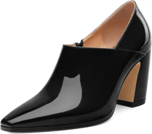 Women's Pumps, Patent Leather Square Toe Side Zipper Chunky Block High Heels Shoes, Elegant Comfort Casual Slip On Wedding Dress Shoes 3.35 Inch