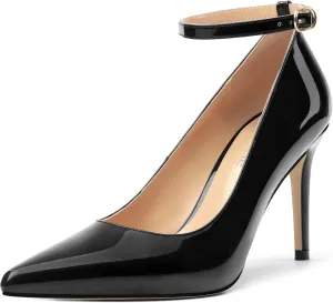 Women's Pumps Pointed Toe Ankle Strap Slip On Patent Leather Stiletto High Heels Office Wedding Dress Shoes 3.35 Inch