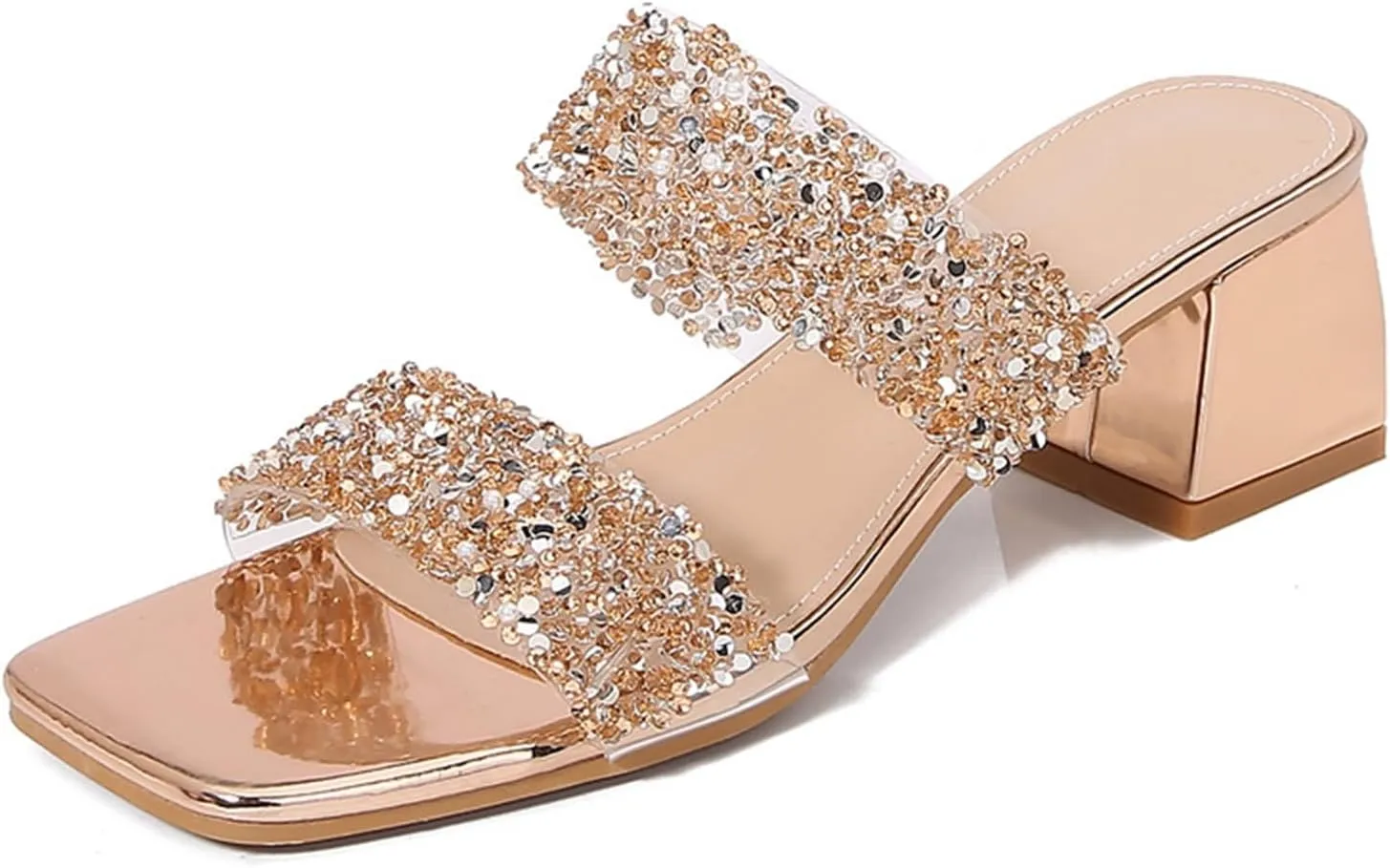 Women's Sandals Chunky Heel Square Open Toe Two Strap Rhinestone Sandal Heels Slip On Dress Slipper for Party Wedding