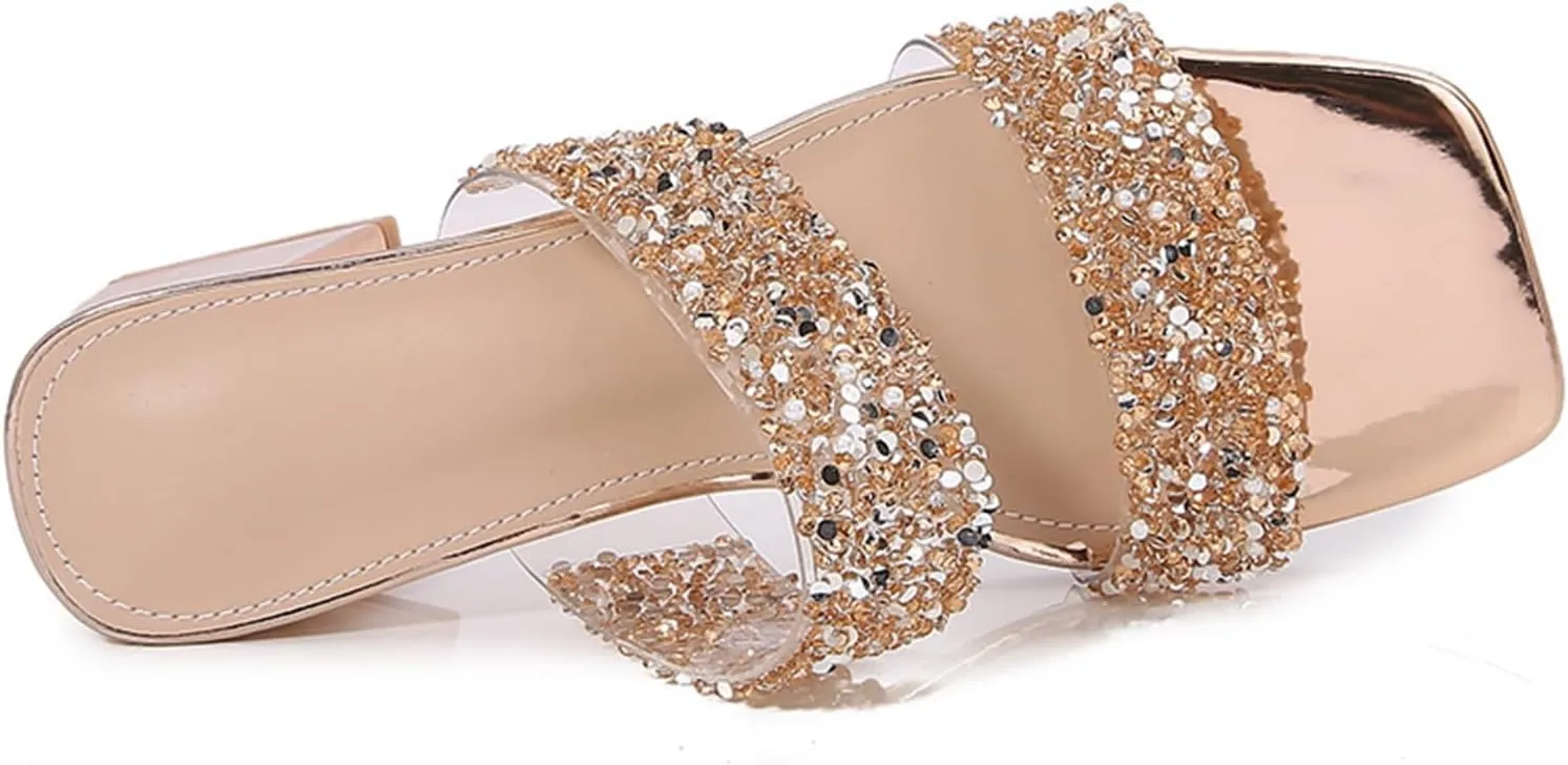 Women's Sandals Chunky Heel Square Open Toe Two Strap Rhinestone Sandal Heels Slip On Dress Slipper for Party Wedding