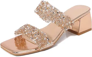 Women's Sandals Chunky Heel Square Open Toe Two Strap Rhinestone Sandal Heels Slip On Dress Slipper for Party Wedding