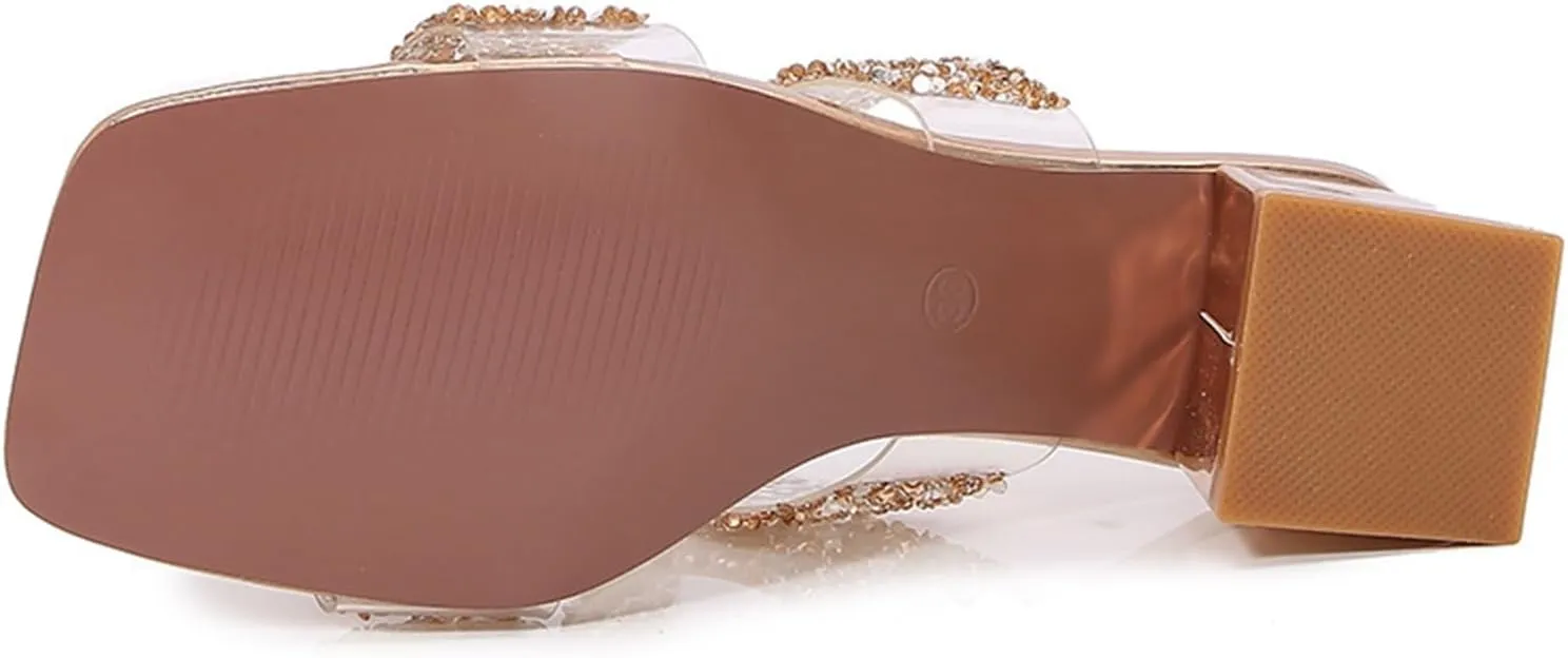 Women's Sandals Chunky Heel Square Open Toe Two Strap Rhinestone Sandal Heels Slip On Dress Slipper for Party Wedding