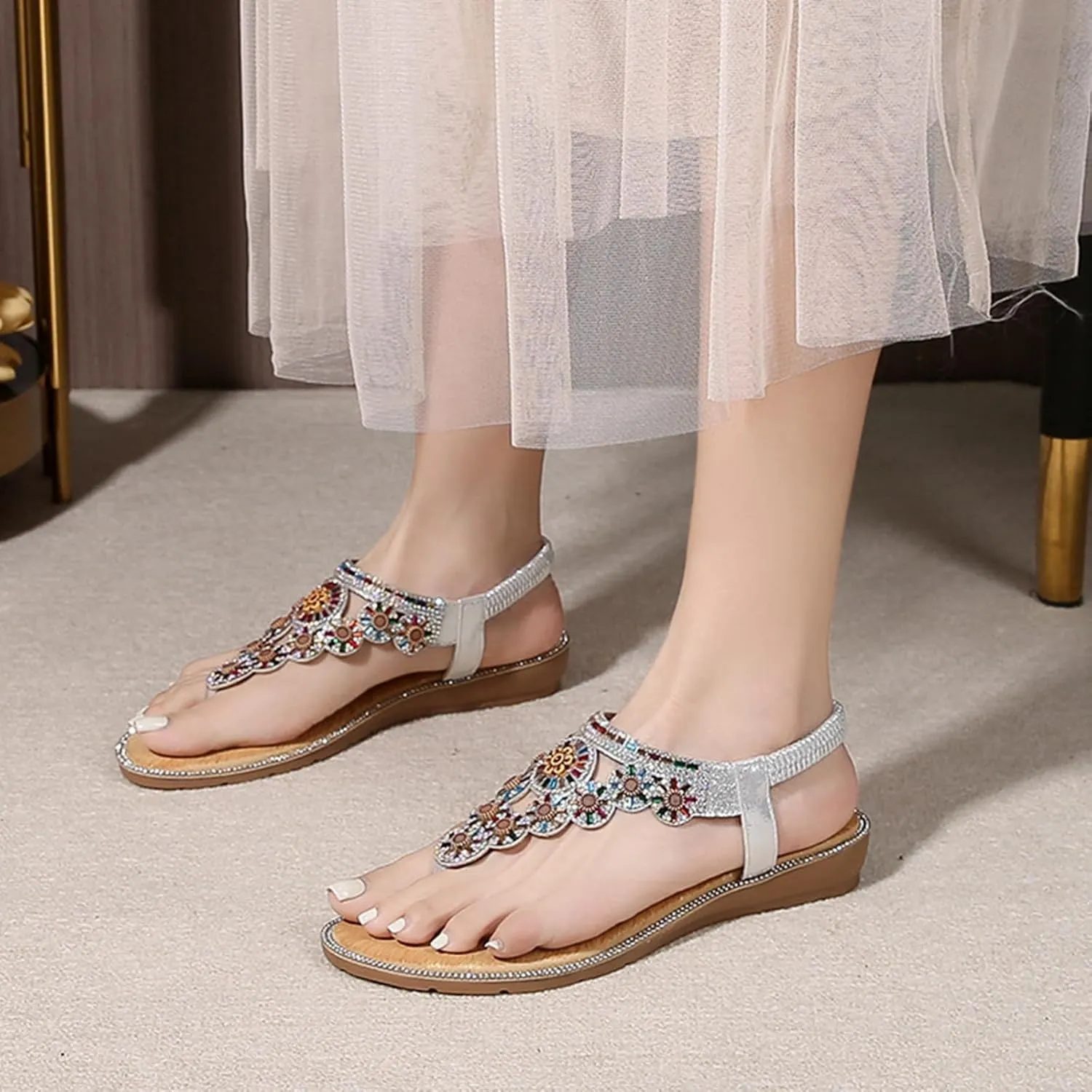 Womens Sandals Dressy Flat T-strap Flat Bohemian Beaded Comfortable Summer Slip On Ankle Elastic Thong Sandals