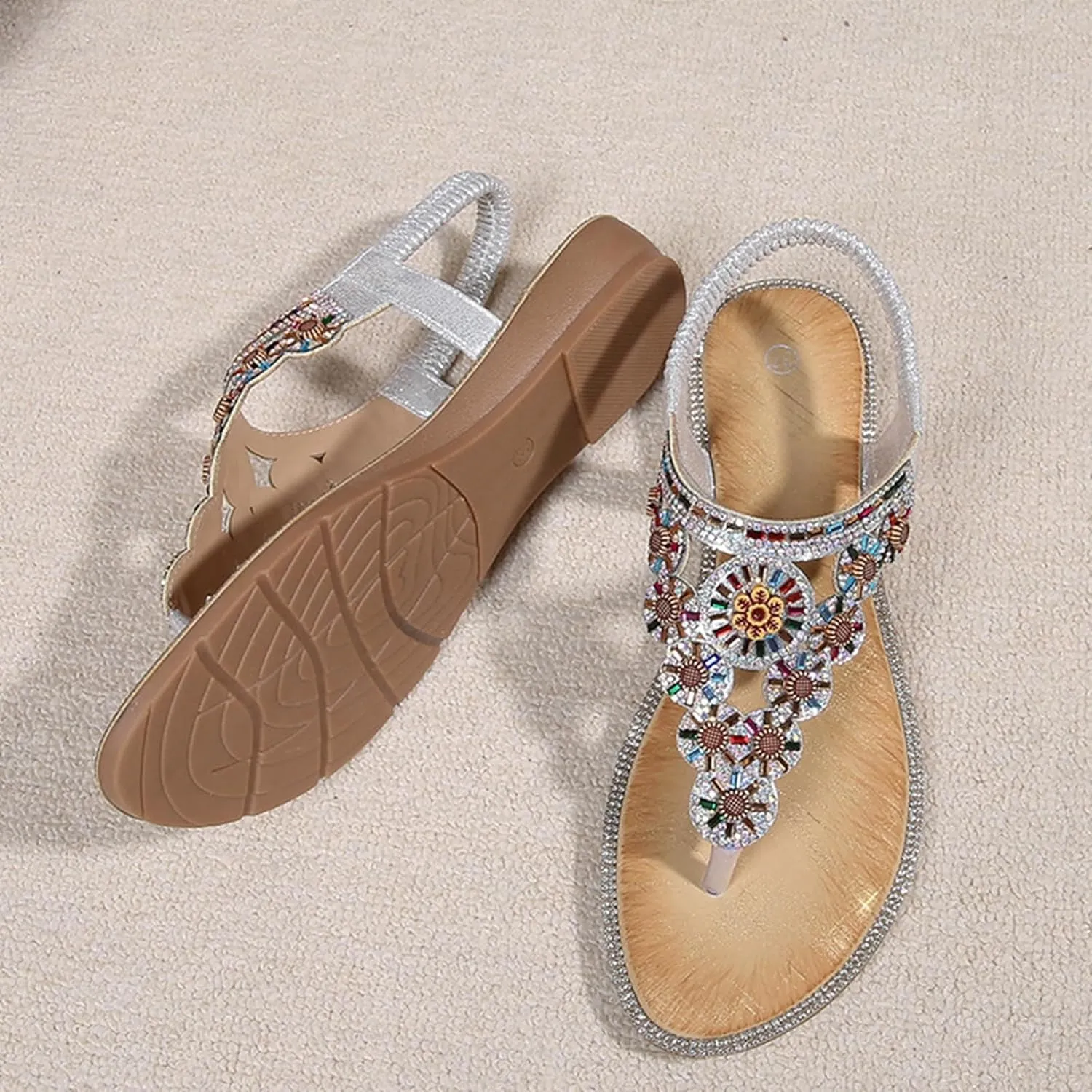 Womens Sandals Dressy Flat T-strap Flat Bohemian Beaded Comfortable Summer Slip On Ankle Elastic Thong Sandals