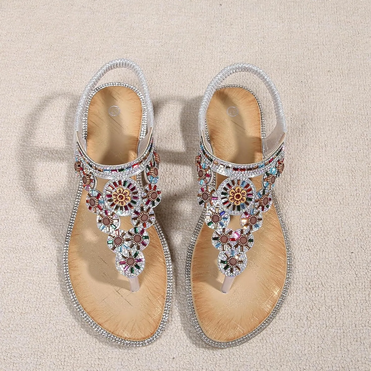 Womens Sandals Dressy Flat T-strap Flat Bohemian Beaded Comfortable Summer Slip On Ankle Elastic Thong Sandals