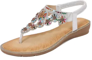 Womens Sandals Dressy Flat T-strap Flat Bohemian Beaded Comfortable Summer Slip On Ankle Elastic Thong Sandals