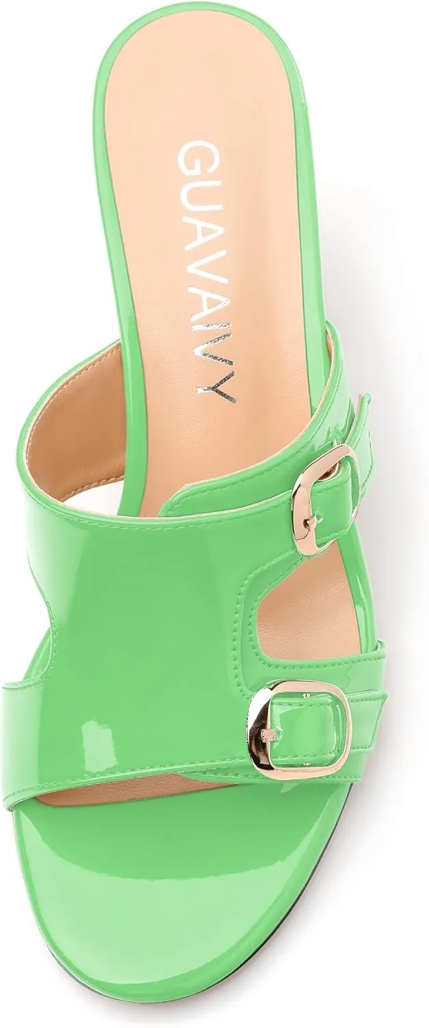 Women's Sandals, Round Open Toe Mid Heels, Slip On Fashion Buckle Heeled Sandal for Working Party Wedding