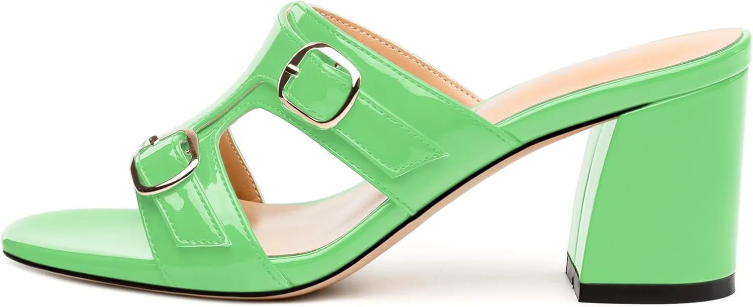 Women's Sandals, Round Open Toe Mid Heels, Slip On Fashion Buckle Heeled Sandal for Working Party Wedding