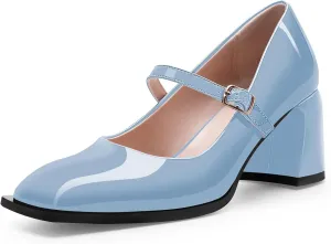 Women's Slingback Heels Square Toe Chunky Heel Buckle Strap Mary Janes Pumps Dress Shoes