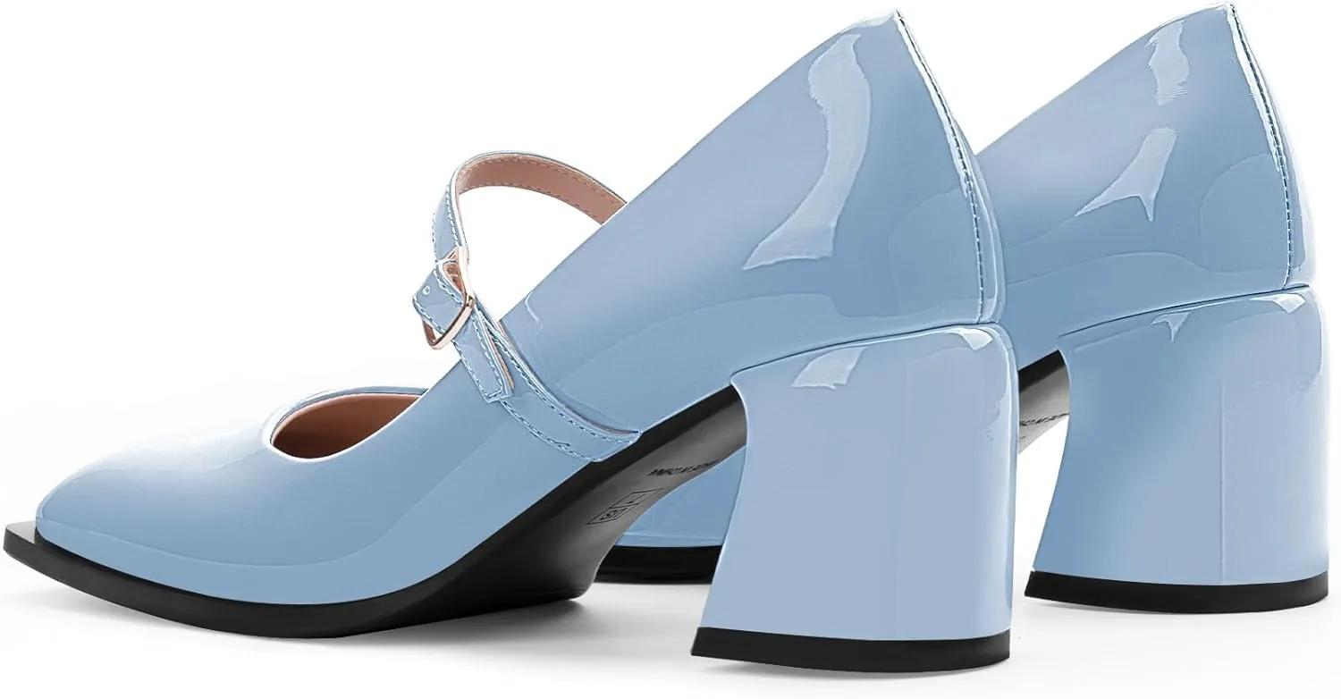 Women's Slingback Heels Square Toe Chunky Heel Buckle Strap Mary Janes Pumps Dress Shoes
