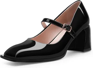 Women's Slingback Heels Square Toe Chunky Heel Buckle Strap Mary Janes Pumps Dress Shoes