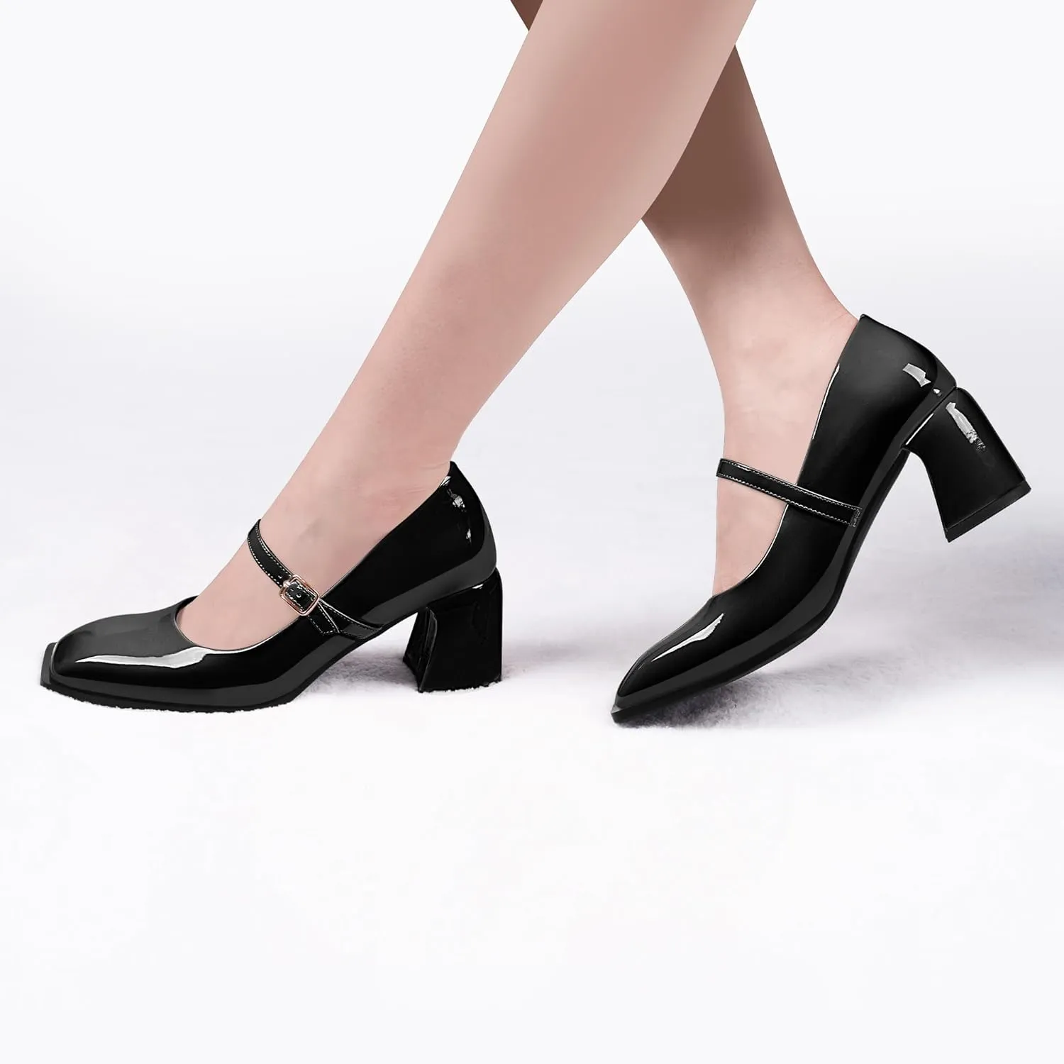 Women's Slingback Heels Square Toe Chunky Heel Buckle Strap Mary Janes Pumps Dress Shoes
