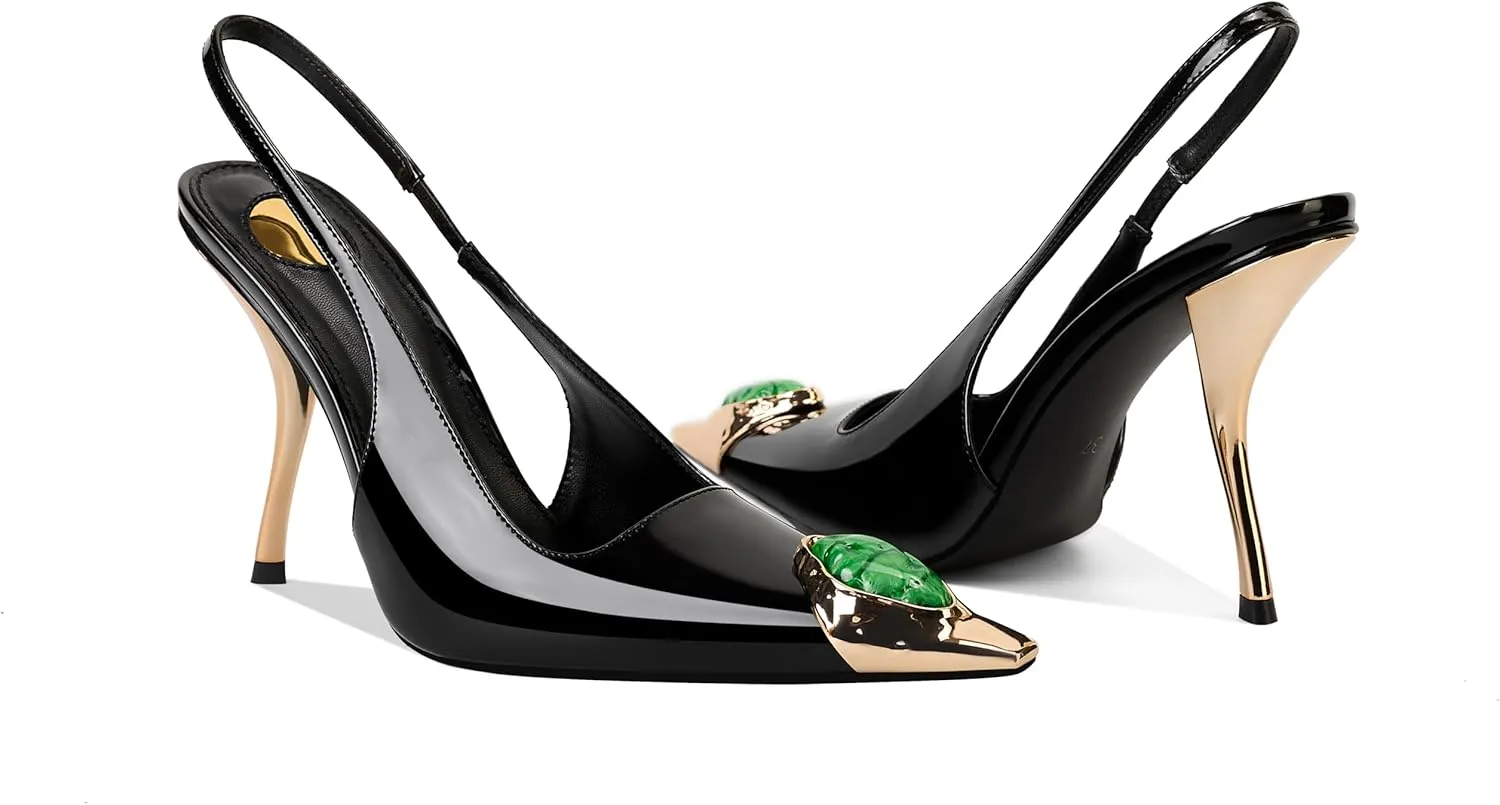 Women's Slingback Stiletto High Heels Crystal Metallic Closed Pointed Toe Pumps Patent Leather Slip on Elastic Strap Heeled Sandals Fashion Party Dress Shoes for Women