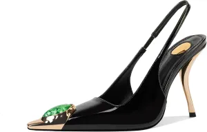 Women's Slingback Stiletto High Heels Crystal Metallic Closed Pointed Toe Pumps Patent Leather Slip on Elastic Strap Heeled Sandals Fashion Party Dress Shoes for Women