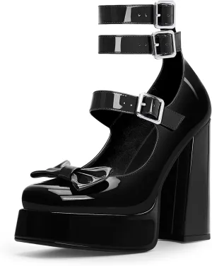 Women's Sweet Bow Platform Mary Jane Pumps Ankle Strap Closed Toe Patent Leather Block High Heels Goth Shoes