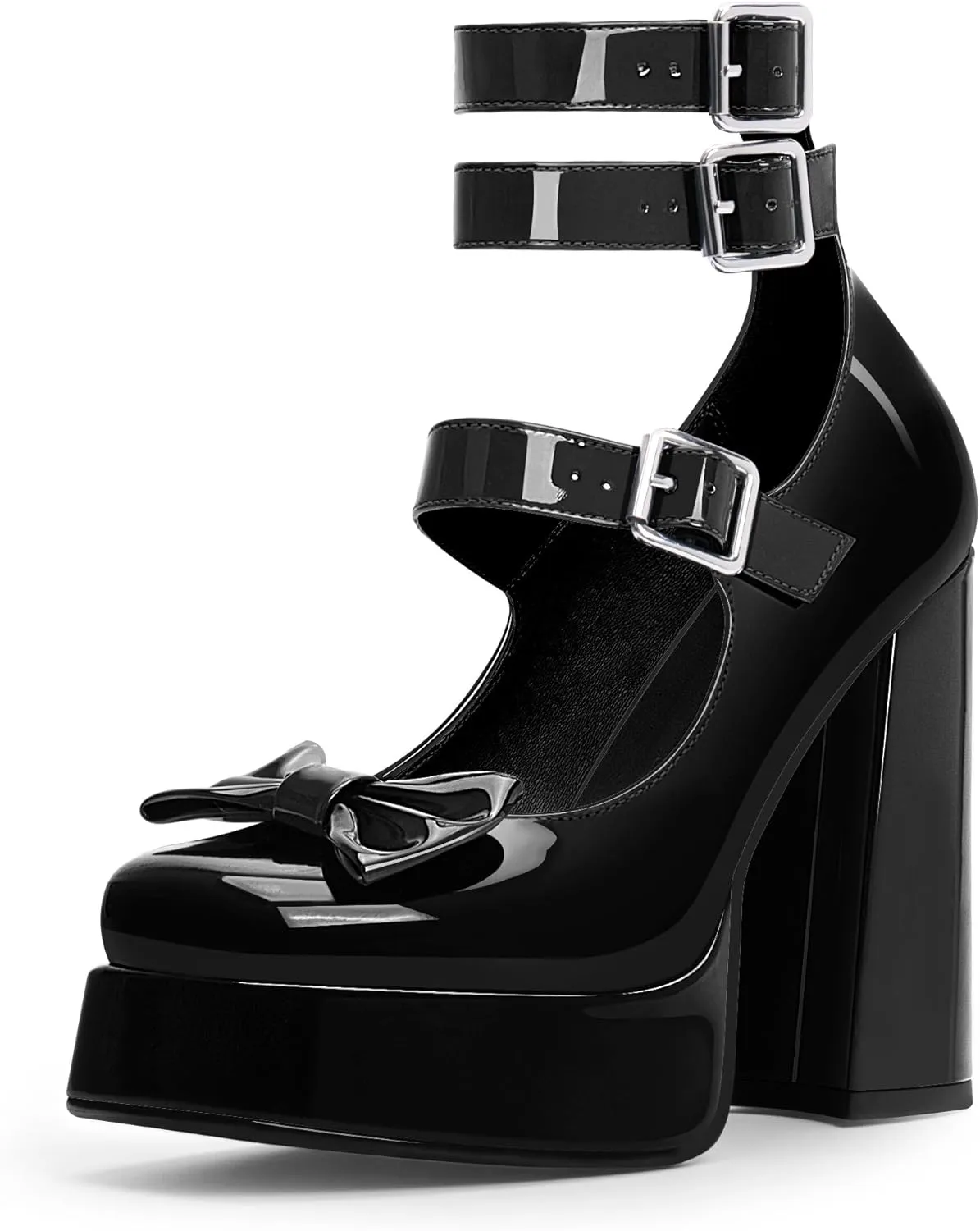Women's Sweet Bow Platform Mary Jane Pumps Ankle Strap Closed Toe Patent Leather Block High Heels Goth Shoes