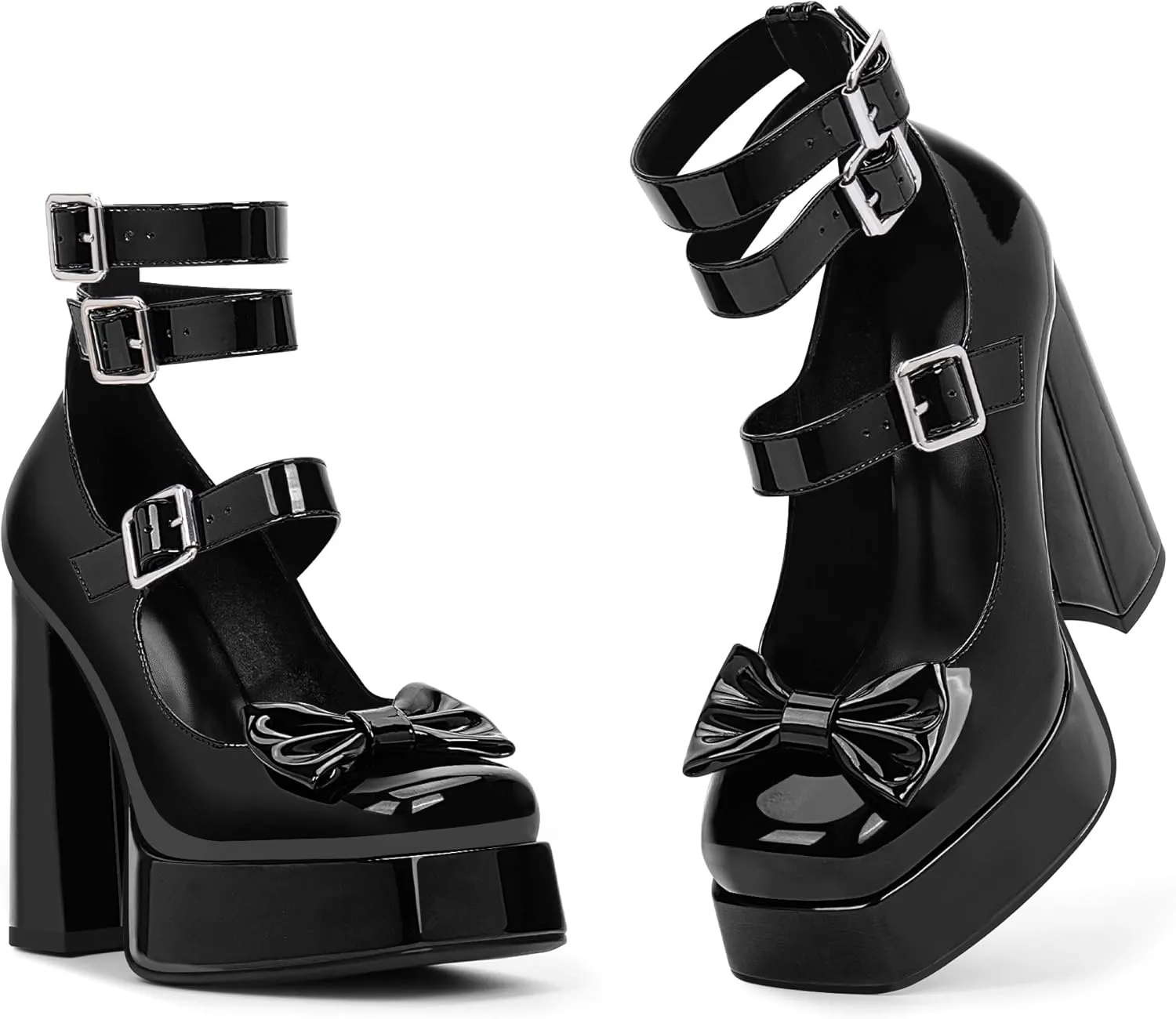 Women's Sweet Bow Platform Mary Jane Pumps Ankle Strap Closed Toe Patent Leather Block High Heels Goth Shoes