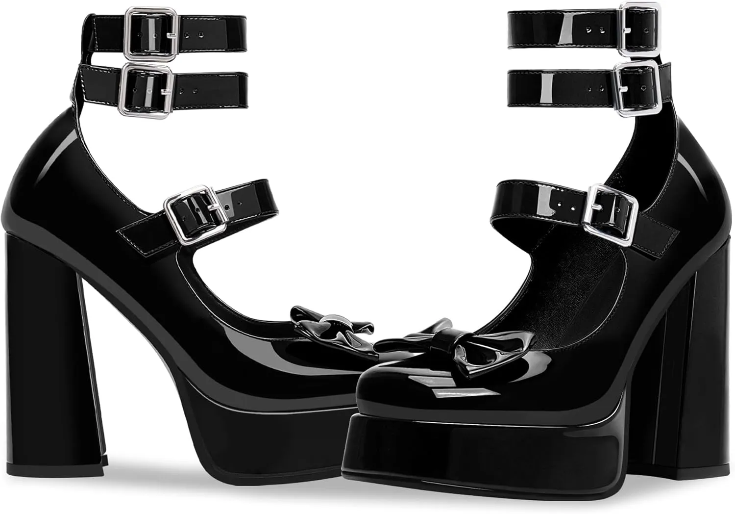 Women's Sweet Bow Platform Mary Jane Pumps Ankle Strap Closed Toe Patent Leather Block High Heels Goth Shoes