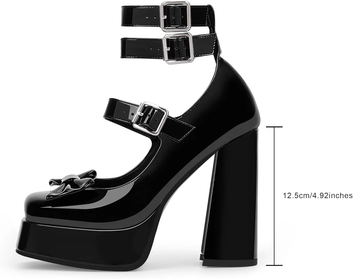 Women's Sweet Bow Platform Mary Jane Pumps Ankle Strap Closed Toe Patent Leather Block High Heels Goth Shoes