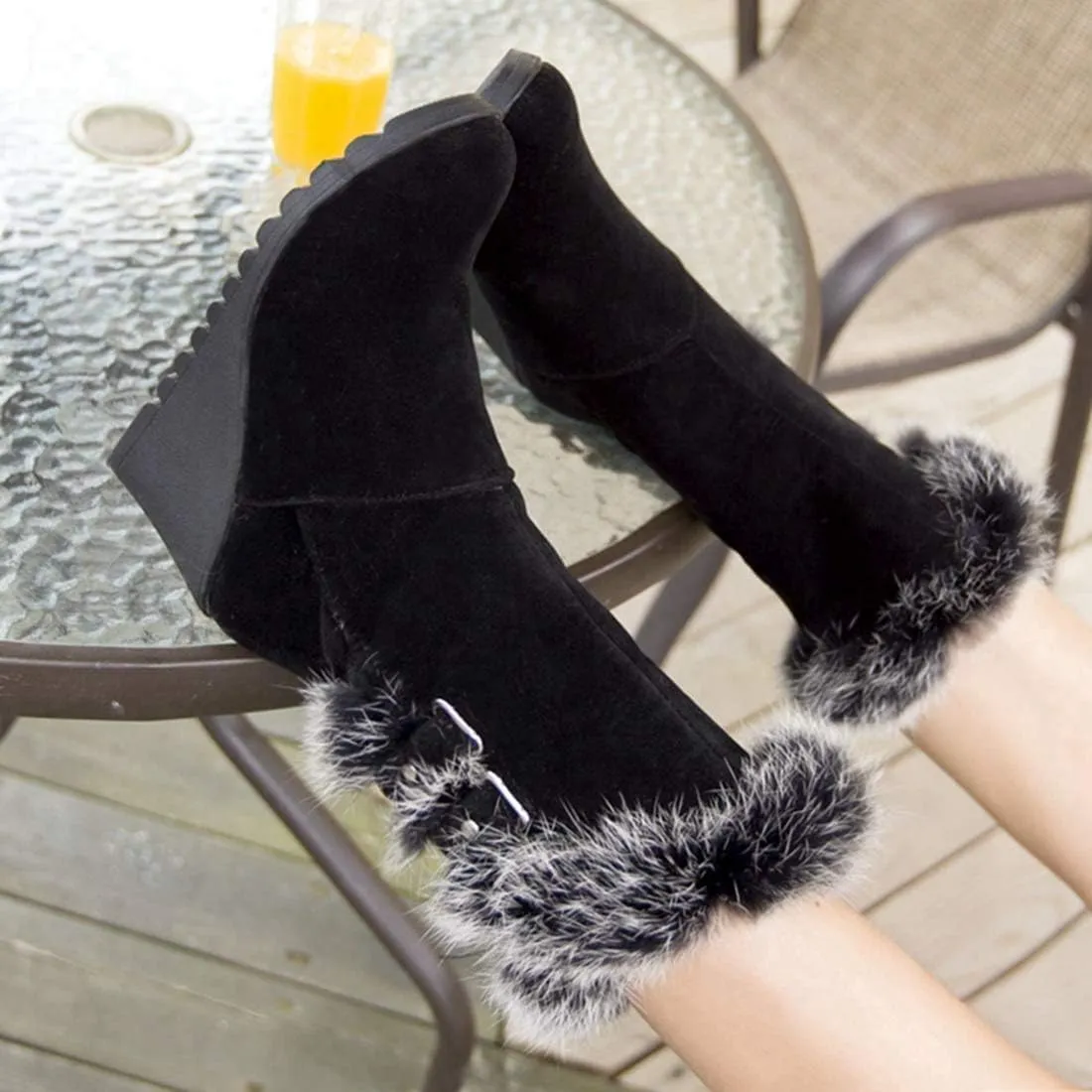 Women's Winter Fur Wedge Snow Boots Faux Suede Mid Calf Cold Weather Buckle Platform Fleece Lining Warm Wedges Snow Boots