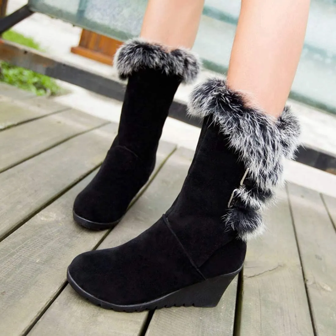 Women's Winter Fur Wedge Snow Boots Faux Suede Mid Calf Cold Weather Buckle Platform Fleece Lining Warm Wedges Snow Boots