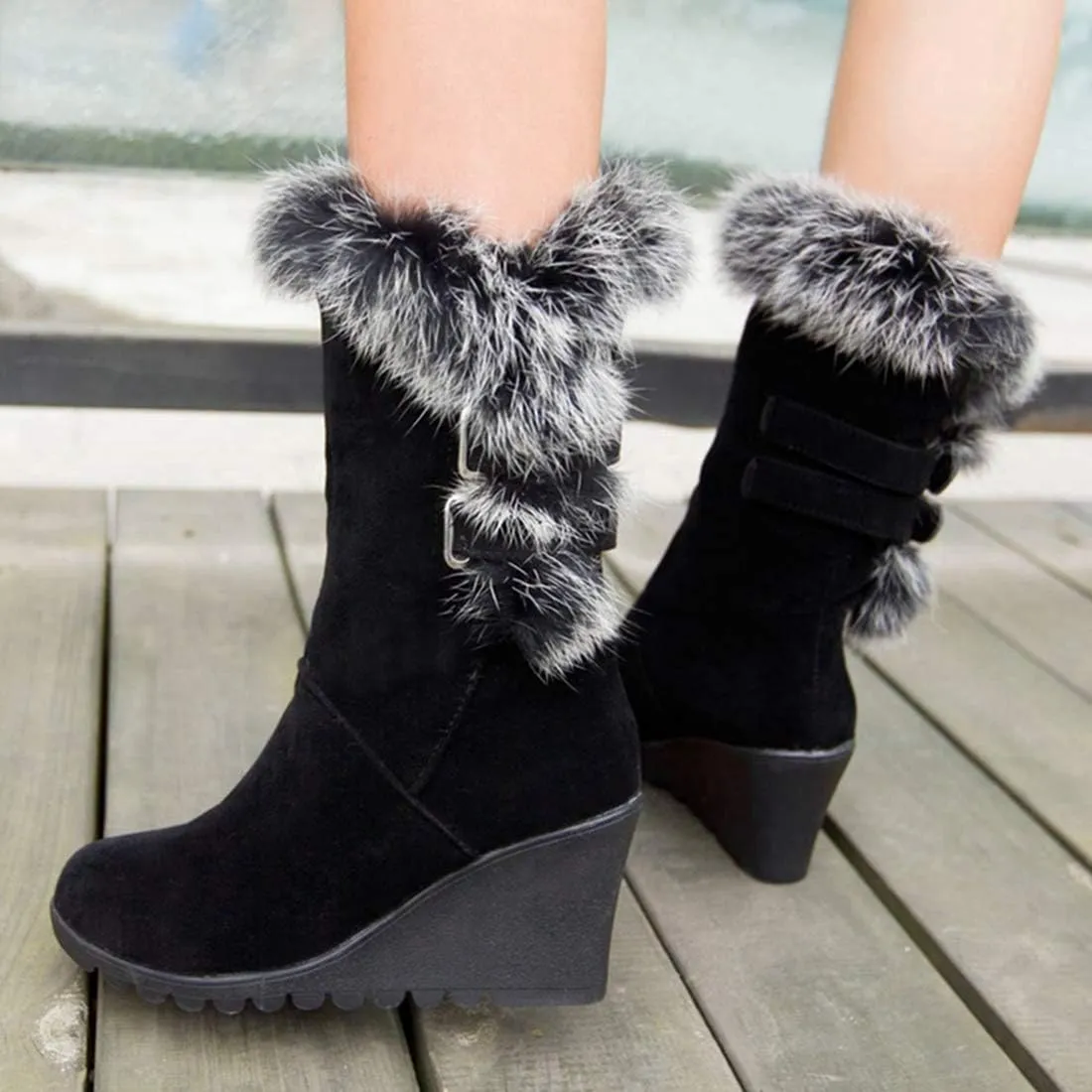 Women's Winter Fur Wedge Snow Boots Faux Suede Mid Calf Cold Weather Buckle Platform Fleece Lining Warm Wedges Snow Boots