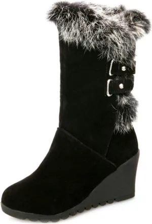 Women's Winter Fur Wedge Snow Boots Faux Suede Mid Calf Cold Weather Buckle Platform Fleece Lining Warm Wedges Snow Boots