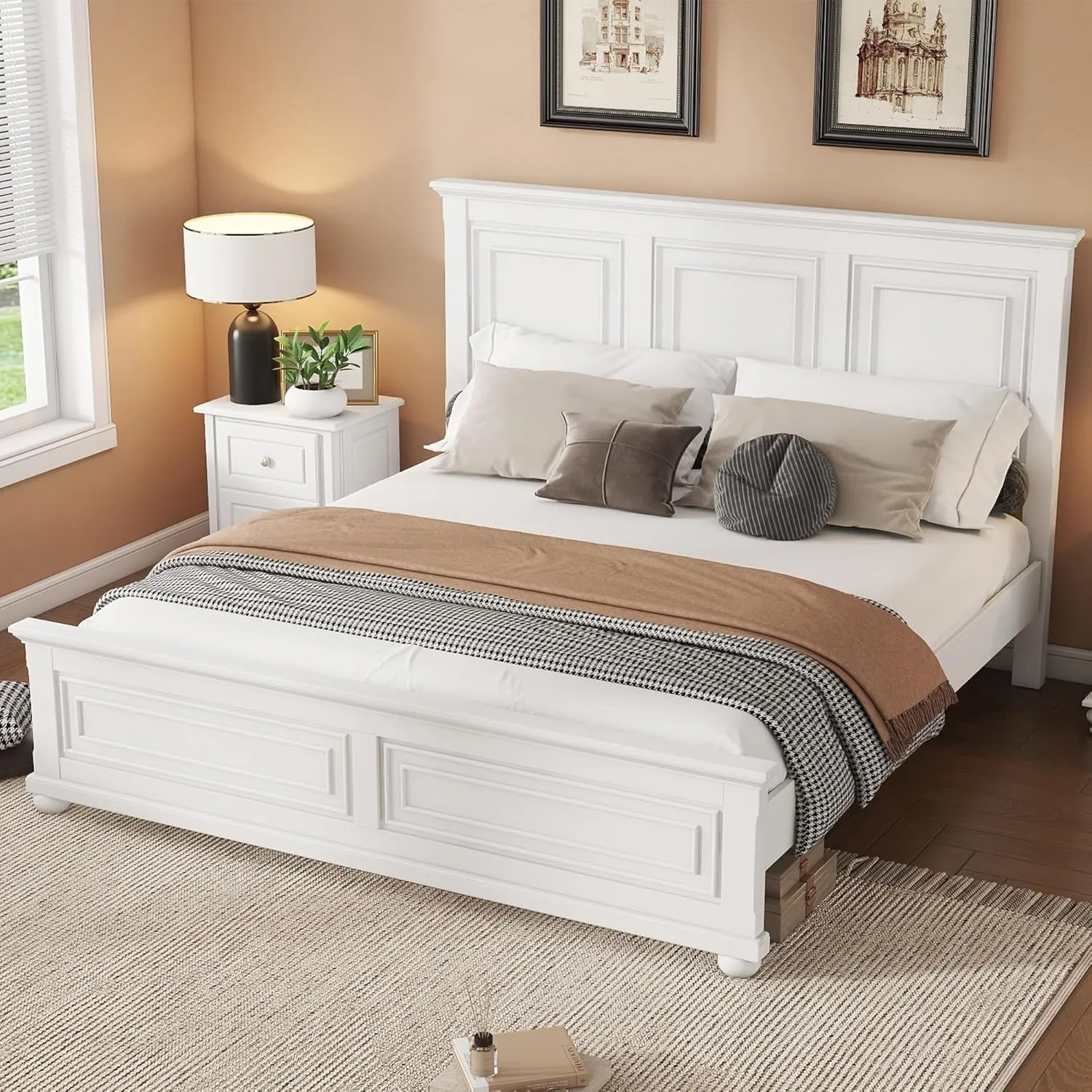 Wood King Bed Frame with Tall Headboard and Footboard, Rustic King Panel Bed with Under Bed Storage, Farmhouse Style, Noise-Free, No Box Spring Needed, Antique White
