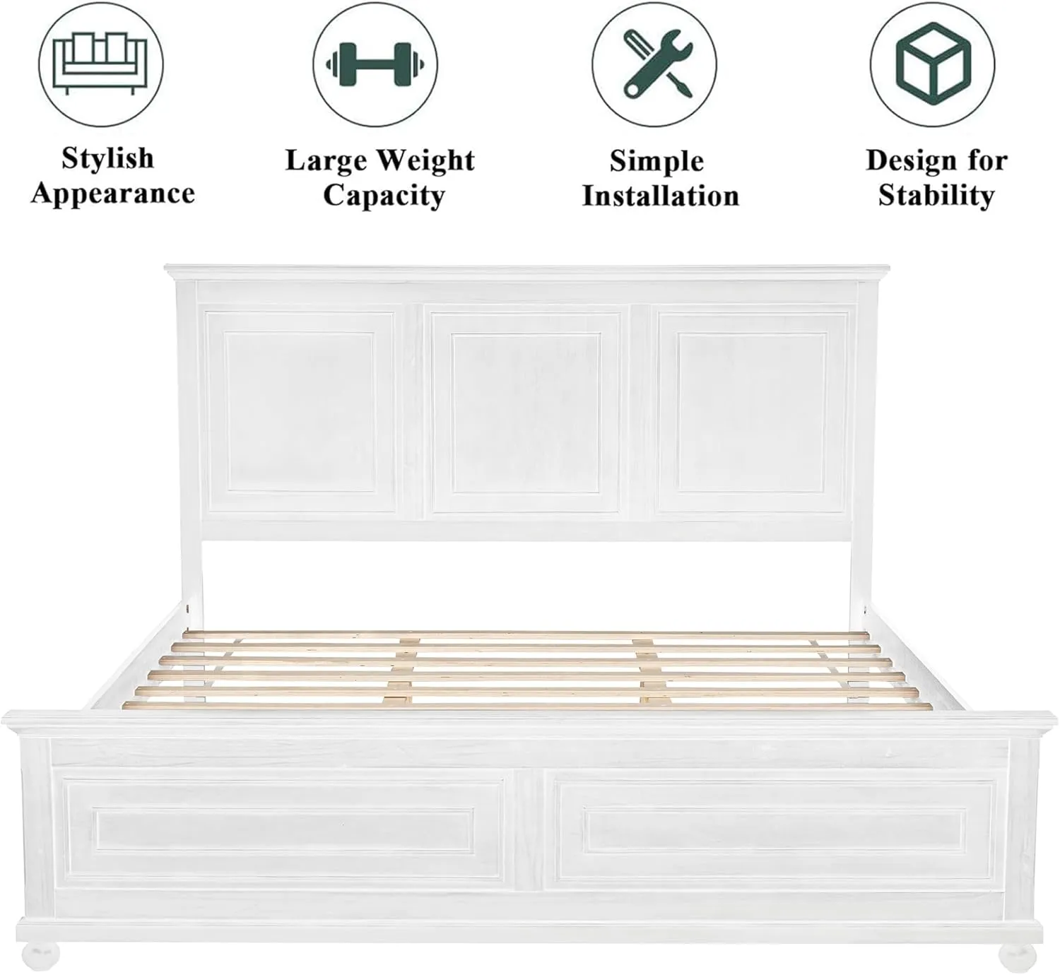 Wood King Bed Frame with Tall Headboard and Footboard, Rustic King Panel Bed with Under Bed Storage, Farmhouse Style, Noise-Free, No Box Spring Needed, Antique White