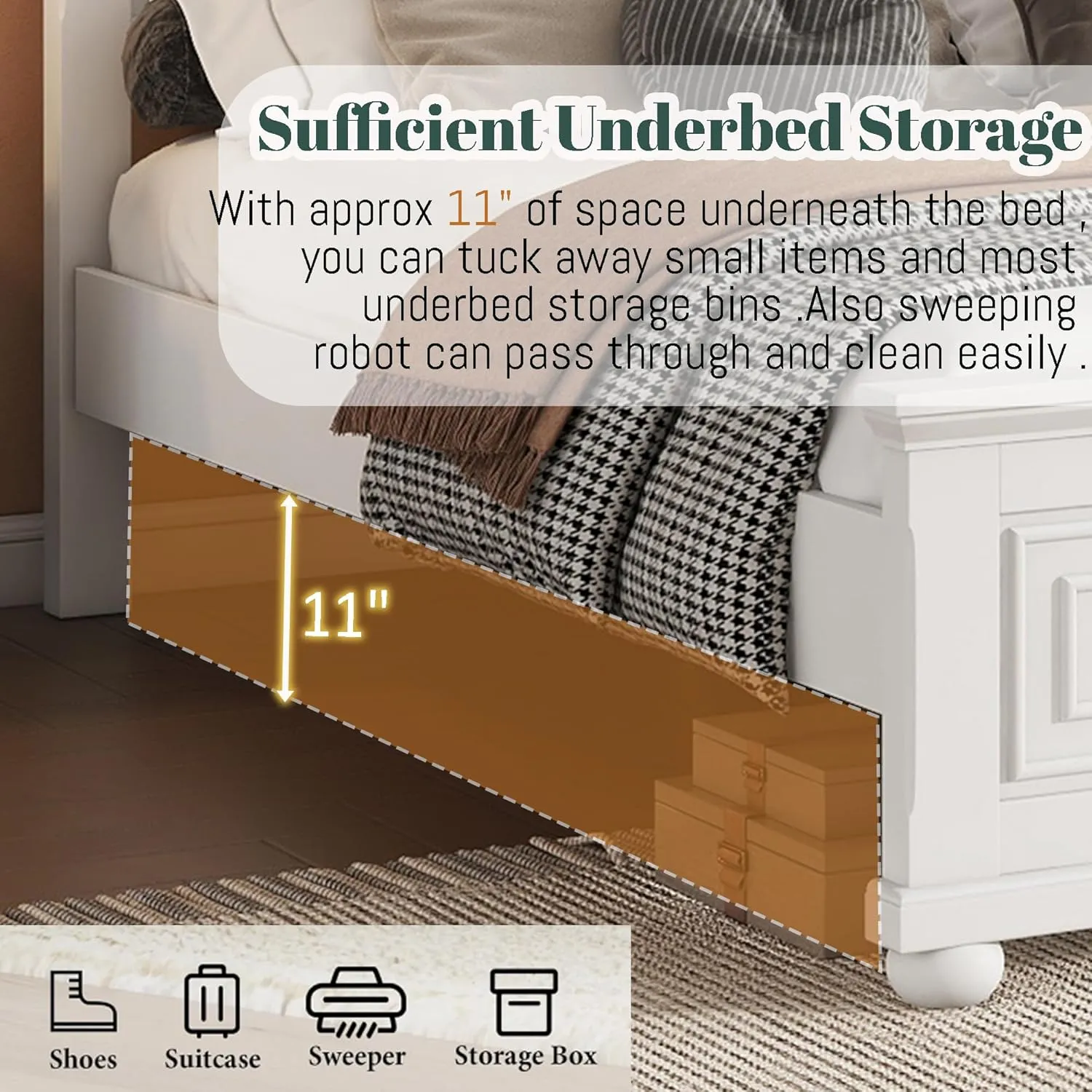 Wood King Bed Frame with Tall Headboard and Footboard, Rustic King Panel Bed with Under Bed Storage, Farmhouse Style, Noise-Free, No Box Spring Needed, Antique White