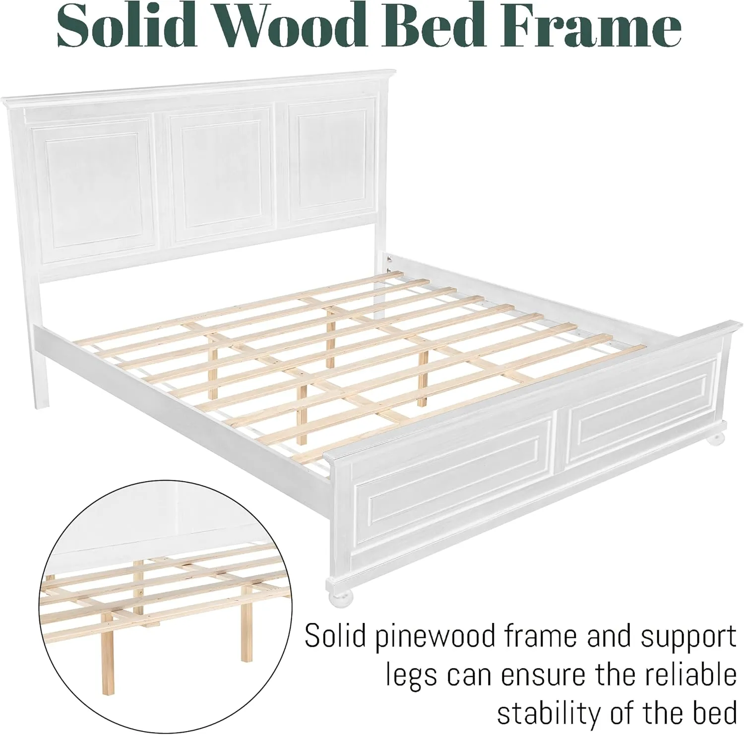 Wood King Bed Frame with Tall Headboard and Footboard, Rustic King Panel Bed with Under Bed Storage, Farmhouse Style, Noise-Free, No Box Spring Needed, Antique White