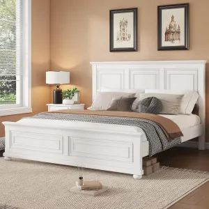 Wood King Bed Frame with Tall Headboard and Footboard, Rustic King Panel Bed with Under Bed Storage, Farmhouse Style, Noise-Free, No Box Spring Needed, Antique White