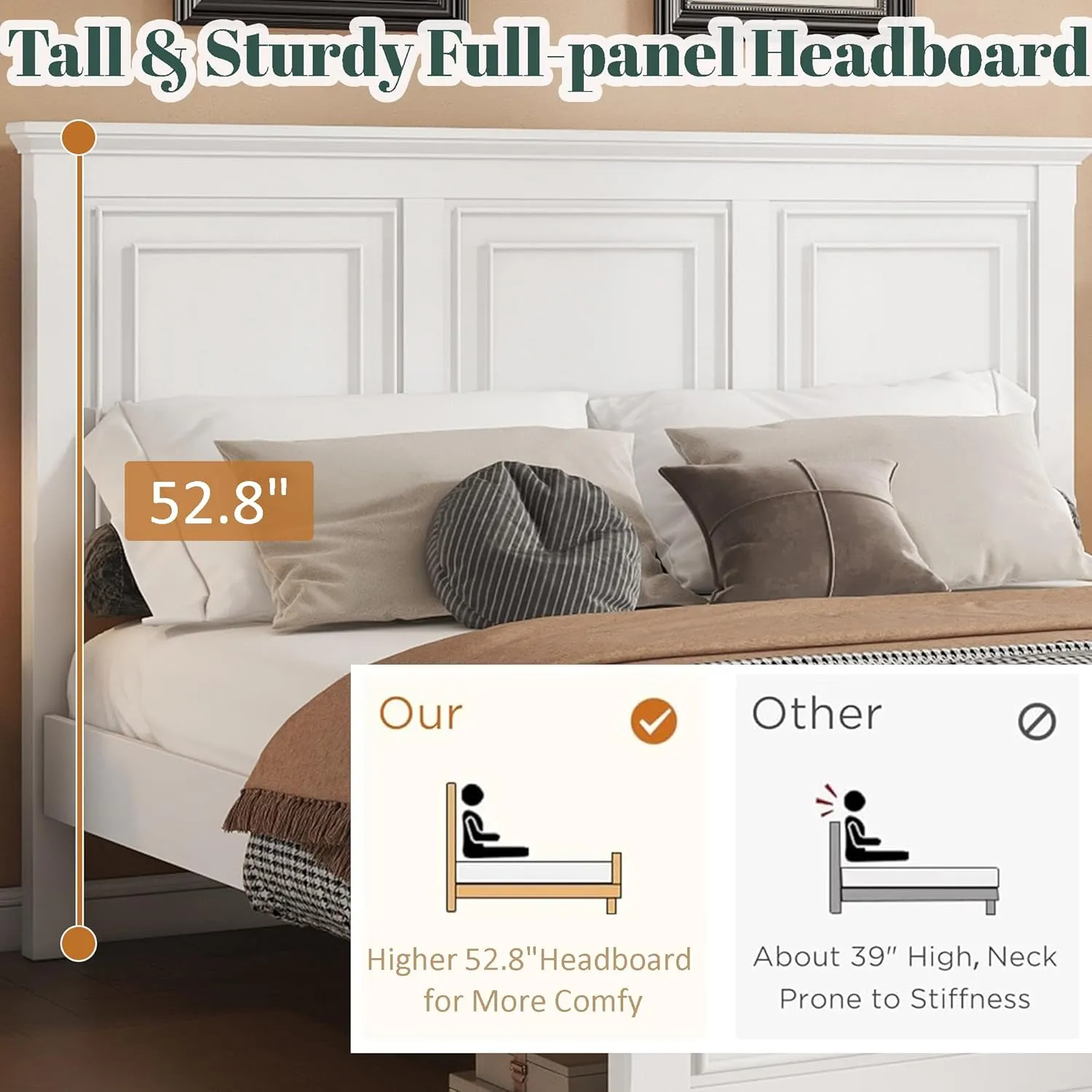 Wood King Bed Frame with Tall Headboard and Footboard, Rustic King Panel Bed with Under Bed Storage, Farmhouse Style, Noise-Free, No Box Spring Needed, Antique White