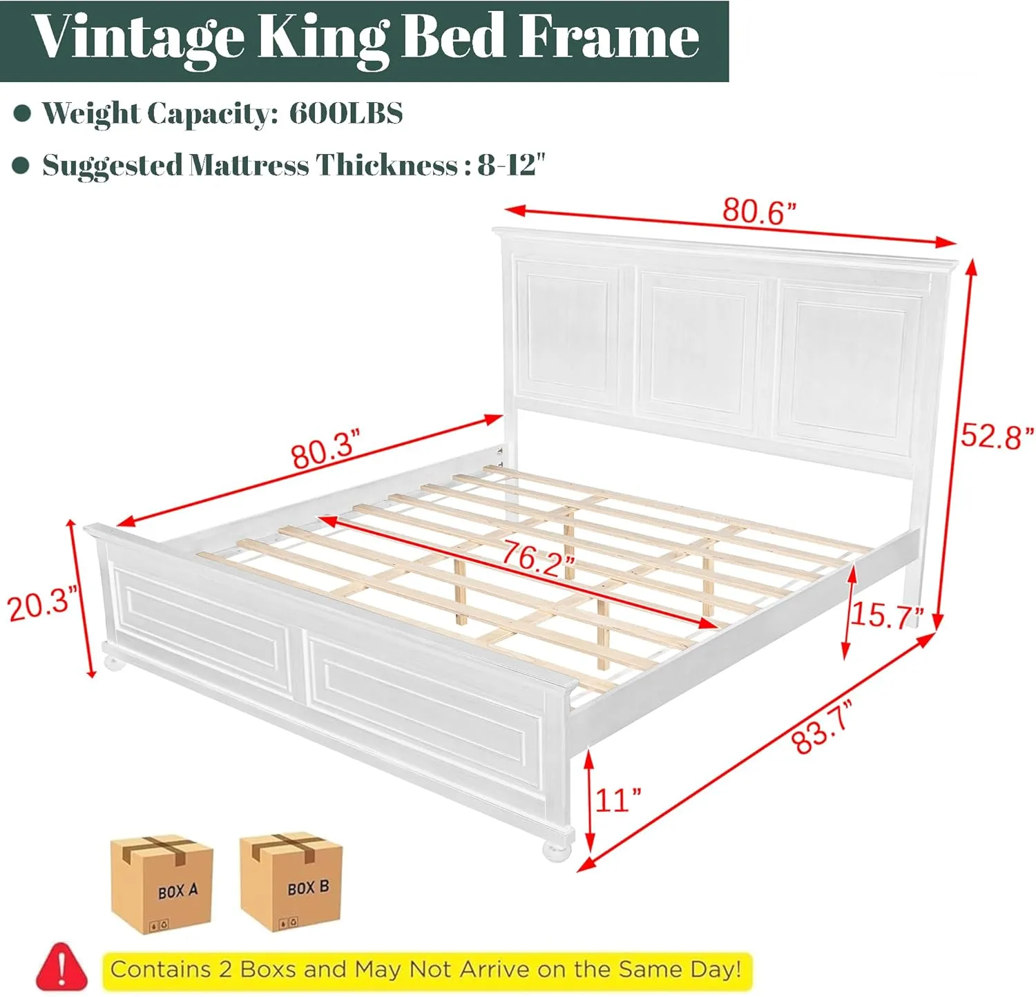 Wood King Bed Frame with Tall Headboard and Footboard, Rustic King Panel Bed with Under Bed Storage, Farmhouse Style, Noise-Free, No Box Spring Needed, Antique White
