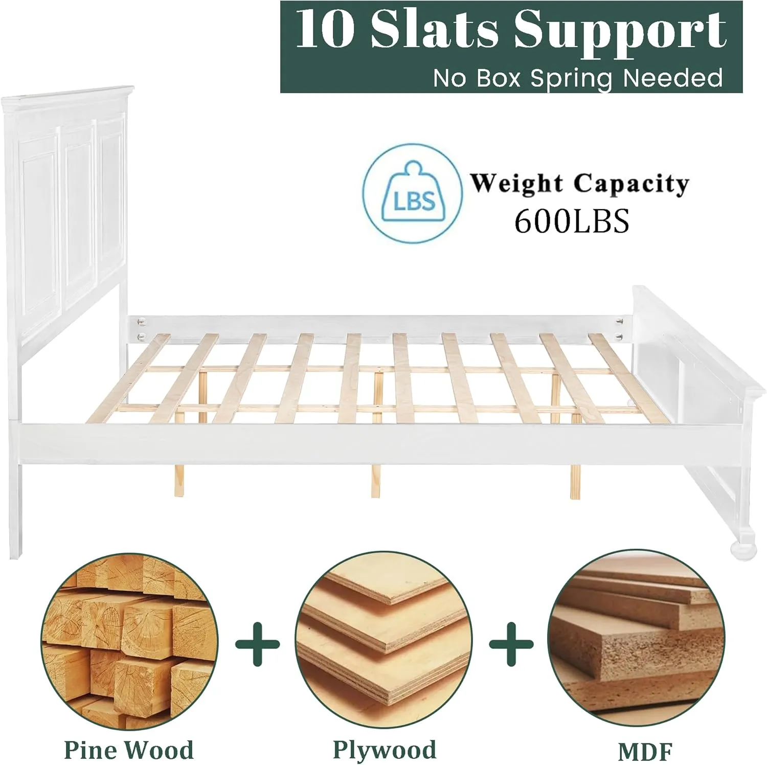 Wood King Bed Frame with Tall Headboard and Footboard, Rustic King Panel Bed with Under Bed Storage, Farmhouse Style, Noise-Free, No Box Spring Needed, Antique White