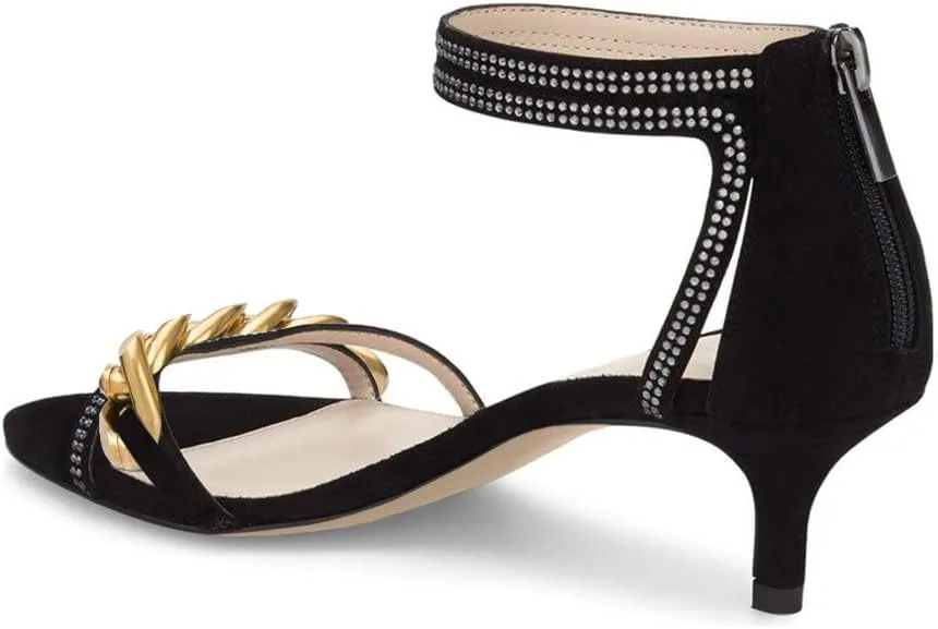 XYD Women Open Toe Low Heel Strappy Rhinestone Sandals Ankle Strap Wedding Dress Dance Pumps with Zip