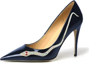 XYD Women Pointed Toe Pumps High Heels Slip on Rhinestone Inlaid Snake Pattern Stiletto Patent Leather Glossy Dress Party Shiny Prom Shoes