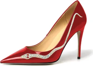 XYD Women Pointed Toe Pumps High Heels Slip on Rhinestone Inlaid Snake Pattern Stiletto Patent Leather Glossy Dress Party Shiny Prom Shoes