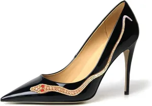 XYD Women Pointed Toe Pumps High Heels Slip on Rhinestone Inlaid Snake Pattern Stiletto Patent Leather Glossy Dress Party Shiny Prom Shoes
