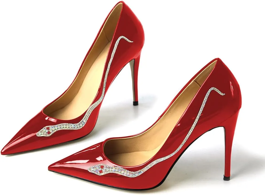 XYD Women Pointed Toe Pumps High Heels Slip on Rhinestone Inlaid Snake Pattern Stiletto Patent Leather Glossy Dress Party Shiny Prom Shoes
