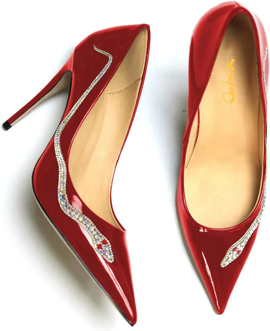 XYD Women Pointed Toe Pumps High Heels Slip on Rhinestone Inlaid Snake Pattern Stiletto Patent Leather Glossy Dress Party Shiny Prom Shoes