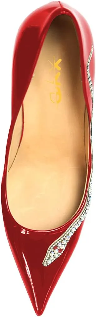 XYD Women Pointed Toe Pumps High Heels Slip on Rhinestone Inlaid Snake Pattern Stiletto Patent Leather Glossy Dress Party Shiny Prom Shoes