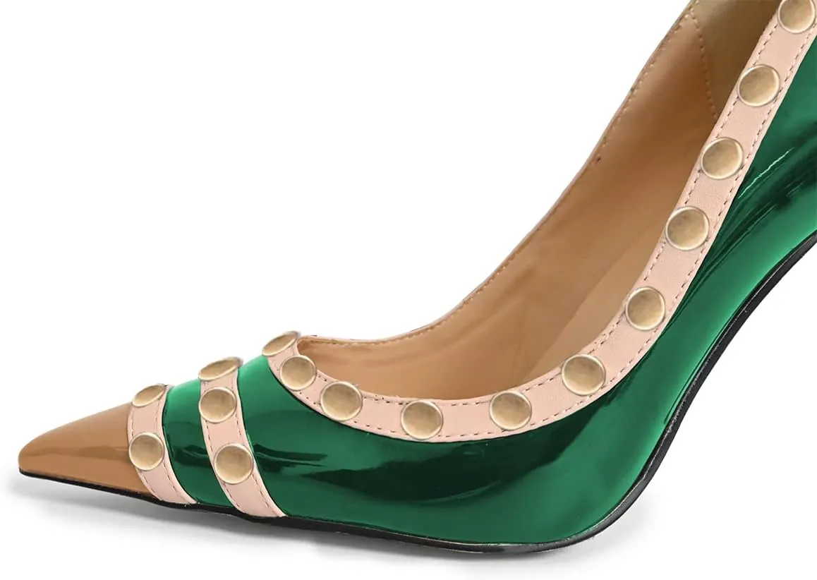 XYD Women's Pointed Cap Toe Stilettos Pumps with Rivets Studded Slip On Sparkly Patent High Heels Classic Party Dress Shoes