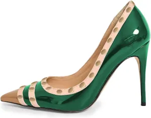 XYD Women's Pointed Cap Toe Stilettos Pumps with Rivets Studded Slip On Sparkly Patent High Heels Classic Party Dress Shoes