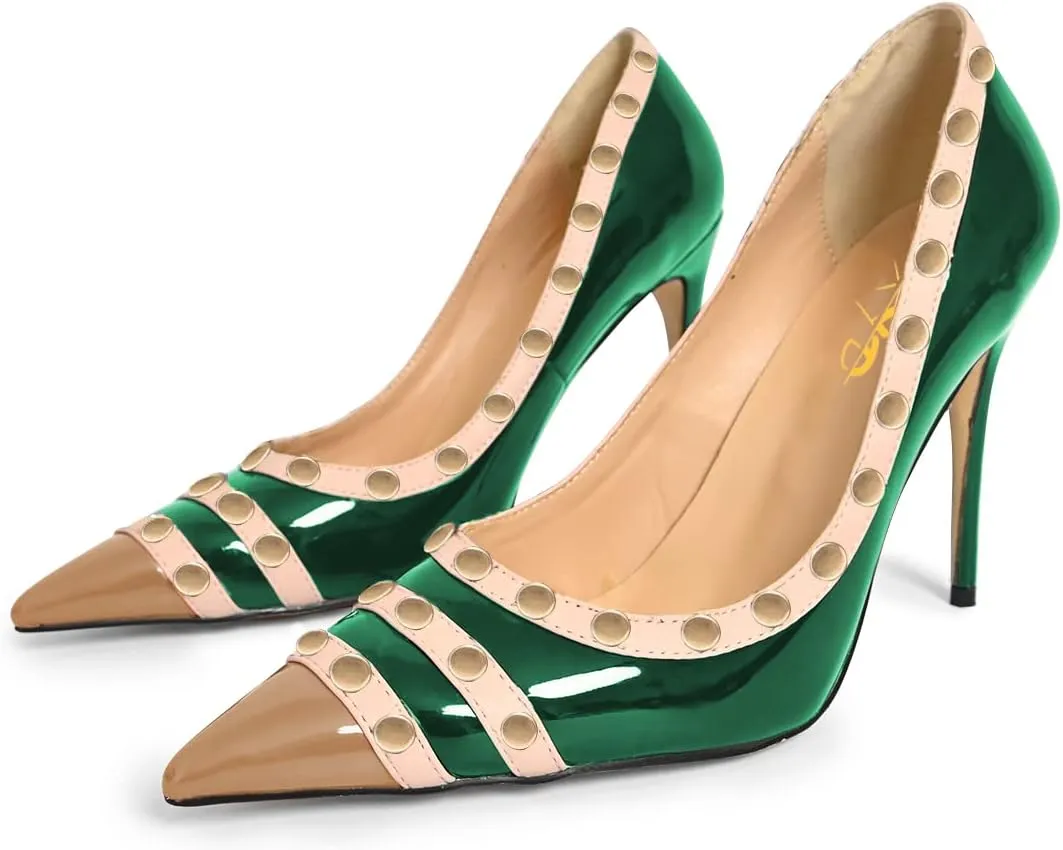 XYD Women's Pointed Cap Toe Stilettos Pumps with Rivets Studded Slip On Sparkly Patent High Heels Classic Party Dress Shoes